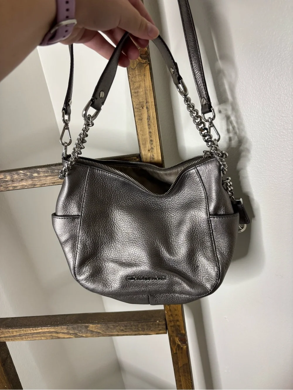 Michael Kors Metallic Pewter Pebbled Leather Hobo with Chain Strap